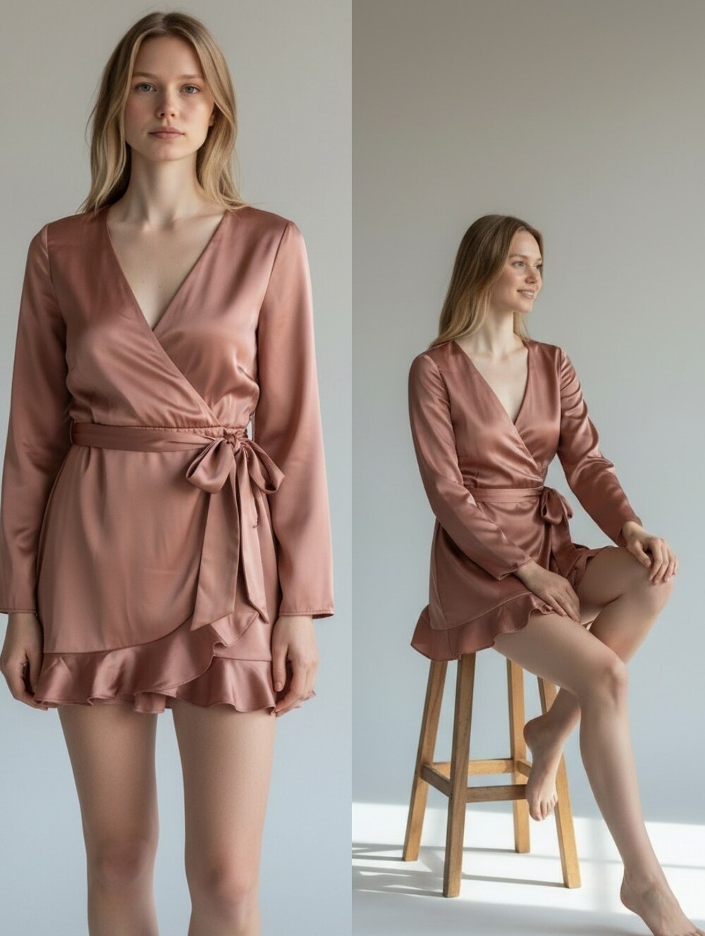 Altar'd State Terracotta Satin Long Sleeve Wrap Mini Dress Ruffle Small Fall NWT